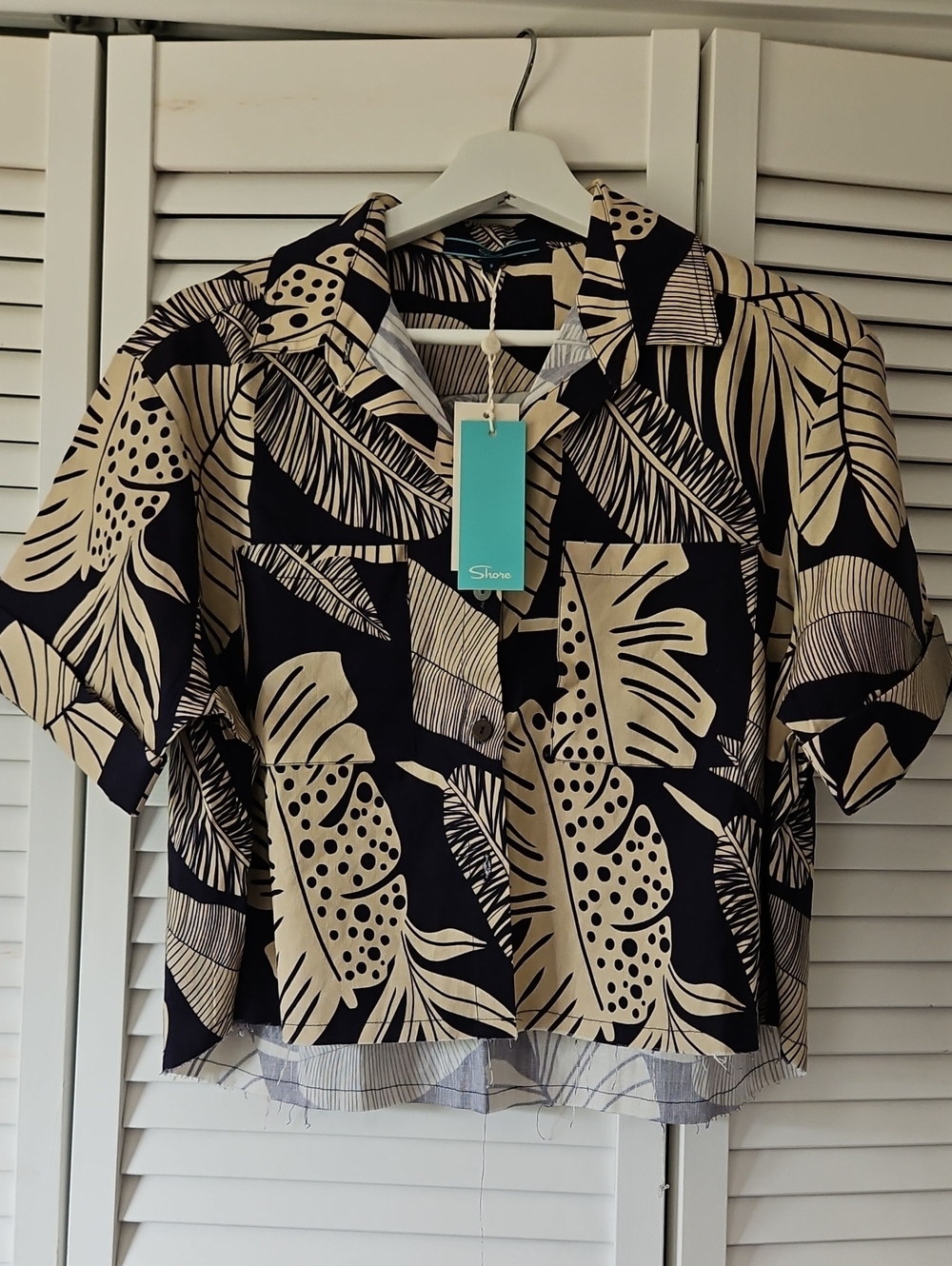 Shore Woman's Navy and Cream Tropical Print Short-Sleeve Shirt